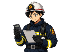 資産防衛隊 隊長のイラスト(電卓とクリップボードを持つポーズ、上半身)