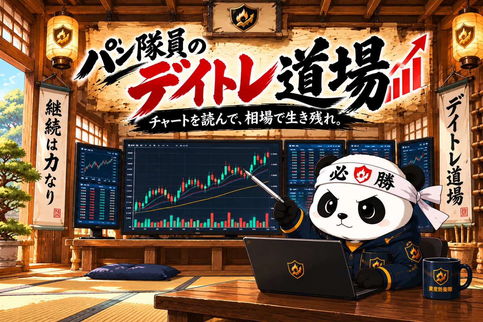 和風の道場で、はちまきを締めたパン隊員がチャートを指し示すイラスト。パン隊員のデイトレ道場　チャートを読んで、相場で生き残れ。