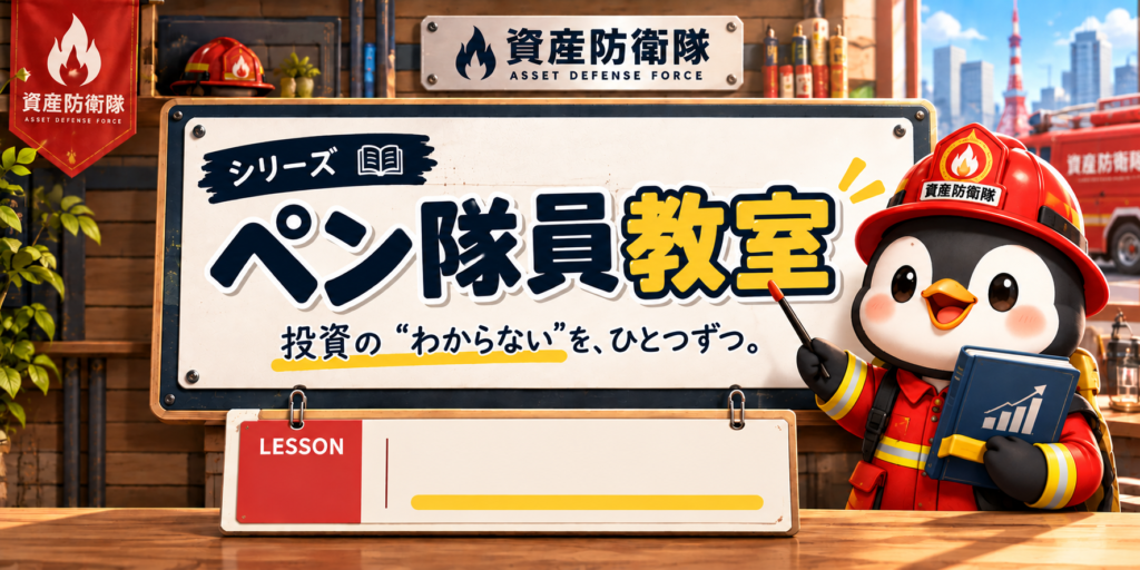 ペン隊員教室 投資の“わからない”を、ひとつずつ。黒板の前で指し棒を持つペン隊員のイラスト